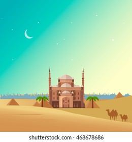 Egypt Landscape. Flat design vector. Egypt desert nature, piramids, camel, palm tree, historical architecture building. Travel to Egypt. Design elements vector illustration cartoon style. 