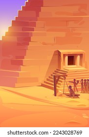 Egypt landscape with old pyramid, excavation site and tourists. African desert with ancient pharaoh tomb, archaelologist on dig and guide with people group, vector cartoon illustration