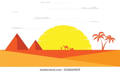 Egypt Landscape with Pyramids Palms and Camels. Traveling and exotic travel locations concept vector art