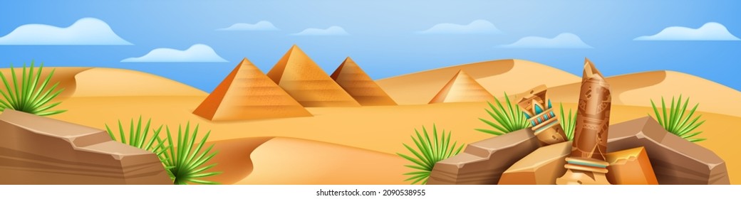 Egypt landscape, vector desert cartoon game background, ancient pyramid horizontal view, old stone. Nature environment illustration, broken column, sand dune palm leaf. Egypt horizontal landscape