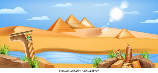 Egypt landscape, vector nature cartoon desert game background, pharaoh pyramid view, sand dune. Africa panorama, Nile river bank, ancient stone column ruin, Arab exotic scene. Egypt hot landscape