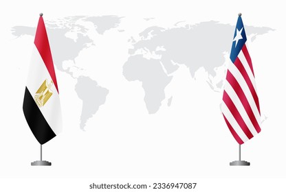 Egypt and Liberia flags for official meeting against background of world map.