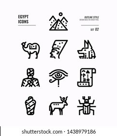 Egypt line icon set 2. Include Pyramid, Anubis, god, mummy, camel and more. Outline icons Design. vector