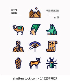 Egypt line icon set 2. Include Pyramid, Anubis, god, mummy, camel and more. Filled outline icons Design. vector