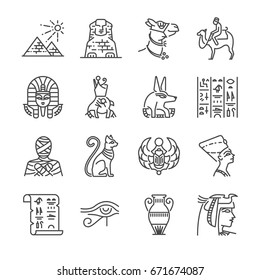 Egypt line icon set. Included the icons as Pharaoh, pyramid, mummy, Anubis, Camel and more.