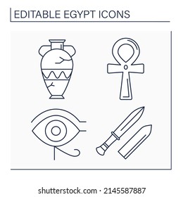 Egypt line icons set. Egyptian culture.Ancient jar, ankh, Ra eye, gold dagger. Traveling concept. Isolated vector illustrations. Editable stroke