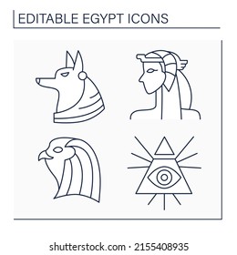 Egypt line icons set. Egyptian culture.Anubis, Cleopatra, Horus and Illuminati. Traveling concept. Isolated vector illustrations. Editable stroke