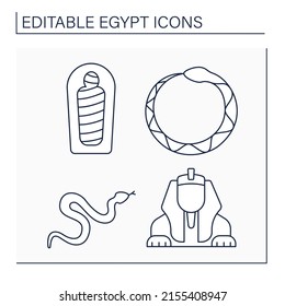 Egypt line icons set. Egyptian culture.Mummy, snake, ouroboros and sphinx. Traveling concept. Isolated vector illustrations. Editable stroke