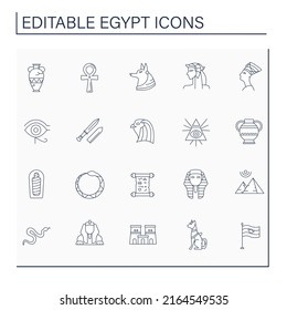 Egypt line icons set. Egyptian culture. Traditional Egyptian civilization symbols. Traveling concept. Isolated vector illustrations. Editable stroke