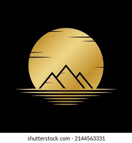 Egypt logo. Sunset and Pyramid on black background. Gold icon. Egyptian travel agency design template element. Vector illustration