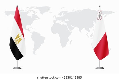 Egypt and Malta flags for official meeting against background of world map.