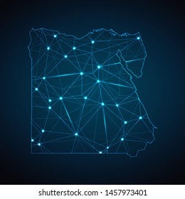 Egypt Map - Abstract geometric mesh polygonal network line, structure and point scales on dark background with lights in the form of cities. Vector illustration eps 10.