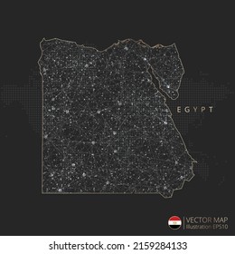 Egypt map abstract geometric mesh polygonal light concept with black and white glowing contour lines countries and dots on dark background. Vector illustration.