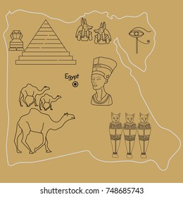 Egypt map with the ancient, historical and Egyptian symbols, Map of Egypt, Vector Illustration