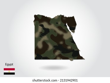 egypt map with camouflage pattern, Forest - green texture in map. Military concept for army, soldier and war. coat of arms, flag.