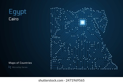 Egypt Map with a capital of Cairo Shown in a Microchip Pattern with processor. E-government. World Countries vector maps. Microchip Series