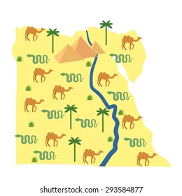 Egypt map. Characters and attractions of Egypt: pyramids and camels. Palm and snake. River Nile. Vector illustration. 