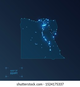 Egypt map with cities. Luminous dots - neon lights on dark background. Vector illustration. 