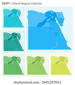 Egypt map collection. Country shape with colored regions. Light Blue, Cyan, Teal, Green, Light Green, Lime color palettes. Border of Egypt with provinces for your infographic. Vector illustration.
