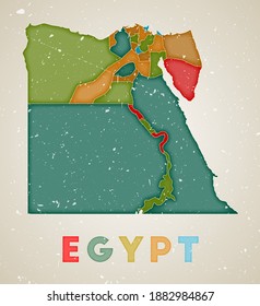 Egypt map. Country poster with colored regions. Old grunge texture. Vector illustration of Egypt with country name.