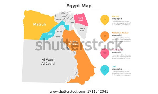 Egypt map divided into federal states. Territory\
of country with regional borders. Egyptian administrative division.\
Infographic design template. Vector illustration for touristic\
guide, banner.