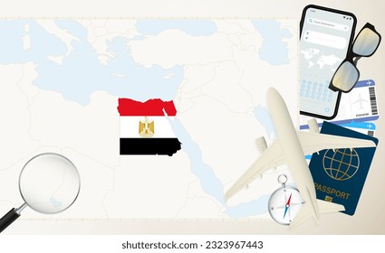 Egypt map and flag, cargo plane on the detailed map of Egypt with flag, passport, magnifying glass and airplane. Vector template.