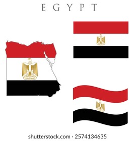 Egypt map with flag embeded inside with 2 Egypt flags wavy flag and rectangular  flag vector illustration