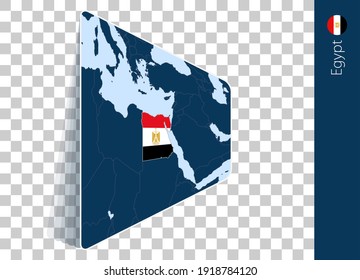 Egypt map and flag on transparent background. Highlighted Egypt on blue vector map.