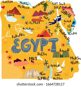 Ägypten Karte flach handgezeichnet Vektorillustration Illustration. Ägyptische Städte benennen Schriften und Cartoons Wahrzeichen, touristische Attraktionen Clipkunst. Ägypten Reise-, Reise-Comic-Poster, Bannerkonzeption