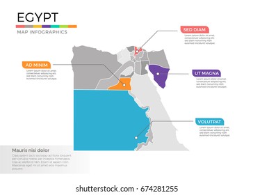 Egypt map infographics vector template with regions and pointer marks