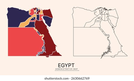 Mapa do Egito com distritos administrativos separados por multicores, camadas separadas editáveis, zonas e bordas. Mapa para apresentação. Ilustração vetorial