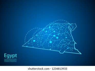 egypt map with nodes linked by lines. concept of global communication and business. Dark egypt map created from white dots with travel locations or internet connection.