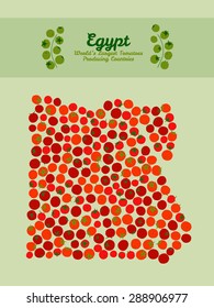 Egypt map poster or card. Map of Egypt made out of red tomatoes. Red tomato background. Tomato flyer or leaflet. Series: World's Largest Tomatoes Producing Countries. Vegan food card. Invitation.