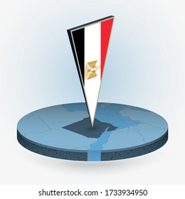 Egypt map in round isometric style with triangular 3D flag of Egypt, vector map in blue color. 