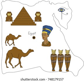 Egypt map vector illustration with Ancient and historical Egyptian properties, buildings and landmarks
