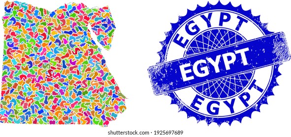 Egypt map vector image. Spot collage map and rubber stamp for Egypt. Sharp rosette blue seal with caption for Egypt map. Collage vector Egypt map designed with randomized colored splashes.