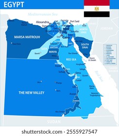 Egypt Map Vector New 2024 Colorful - Customizable layered political map of Egypt with administrative divisions for website, education, reports, news, politics, print, poster and wallpaper