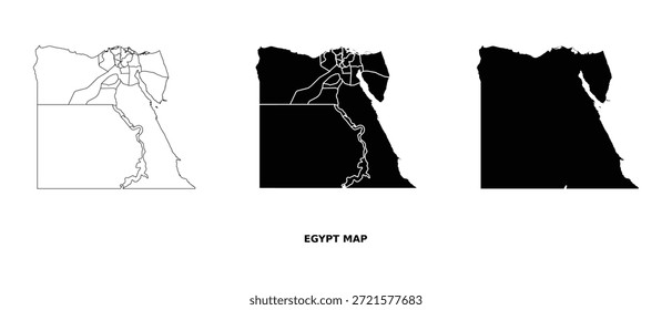 Conjunto de Vectores de mapas de Egipto con divisiones administrativas en blanco y negro, esquema de país e ilustración de regiones políticas