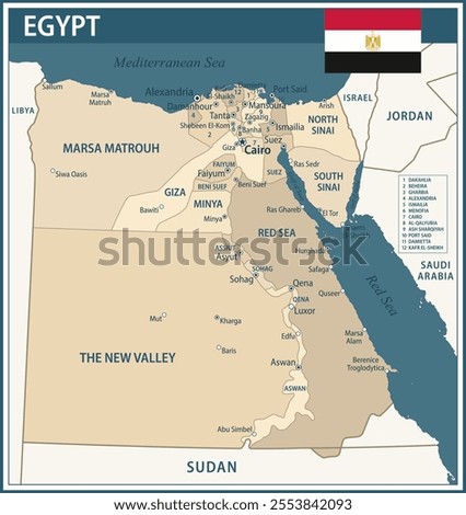 Egypt Map Vector Vintage Dark Blue Beige - Customizable layered political map of Egypt with administrative divisions for website, education, reports, news, politics, print, poster and wallpaper