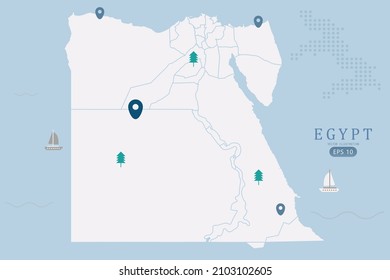 Mapa de Egipto - Mapa mundial Mapa internacional de vectores Alto detalle con color blanco aislado en fondo azul incluyendo punto de ubicación simple, árbol, icono del barco - Ilustración vectorial eps 10