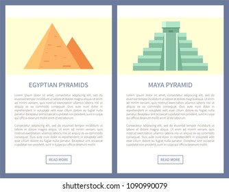 Egypt with Maya Pyramids on promo travel banners. Ancient constructions of Mexico and Italy info posters with sample text vector illustrations set.