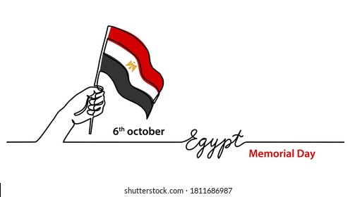 Egypt Memorial Day background with egyptian flag and hand. Simple vector web banner. One continuous line flag drawing with lettering Egypt.