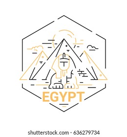 Egypt - modern vector line travel illustration. Have a trip, enjoy your Egyptian vacation. Be on a safe and exciting journey. Landmark image. Sphinx, pyramid, cloud, sun, desert