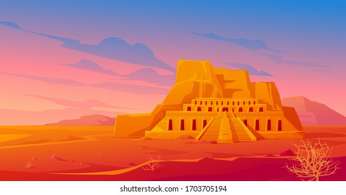 Templo mortuario egipcio de la reina Hatshepsut en Deir al-Bahri, famoso monumento egipcio en el paisaje del desierto con algas tumbadas. Construcción de arquitectura de atracción turística, ilustración vectorial de dibujos animados