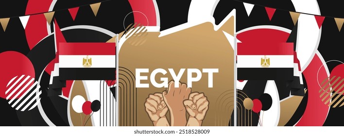 Egypt National Day banner. Creative horizontal poster with Egypt flags and raised hand. Modern background for Revolution day and National holiday greeting cards, sport events and business