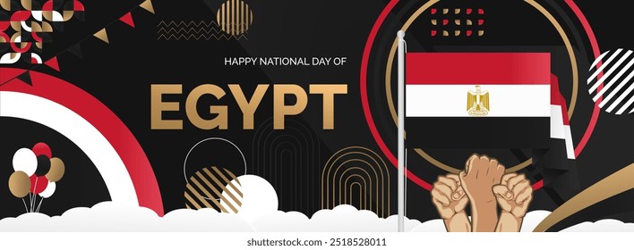 Egypt National Day banner. Creative horizontal poster with Egypt flags and raised hand. Modern background for Revolution day and National holiday greeting cards, sport events and business