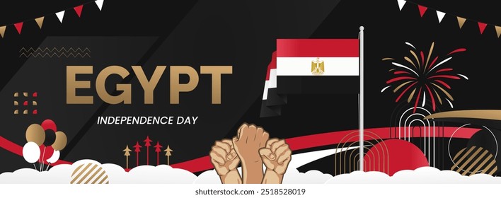 Egypt National Day banner. Creative horizontal poster with Egypt flags and raised hand. Modern background for Revolution day and National holiday greeting cards, sport events and business