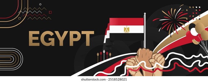 Egypt National Day banner. Creative horizontal poster with Egypt flags and raised hand. Modern background for Revolution day and National holiday greeting cards, sport events and business
