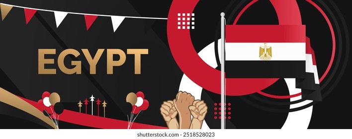 Egypt National Day banner. Creative horizontal poster with Egypt flags and raised hand. Modern background for Revolution day and National holiday greeting cards, sport events and business