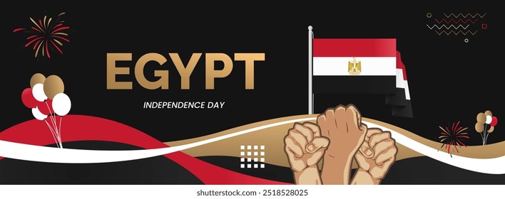 Egypt National Day banner. Creative horizontal poster with Egypt flags and raised hand. Modern background for Revolution day and National holiday greeting cards, sport events and business